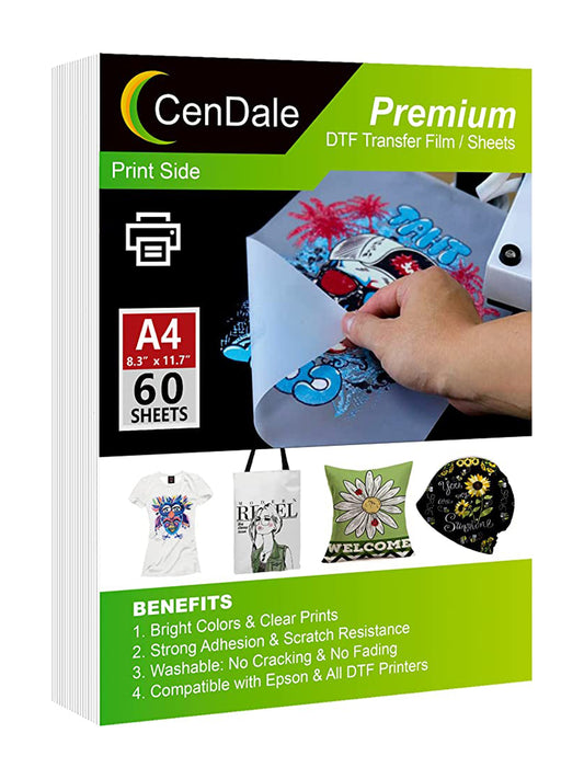 CenDale DTF Transfer Film A4 (8.3" x 11.7") - 60 Sheets Double-Sided Matte PreTreat Sheets PET Heat Transfer Paper