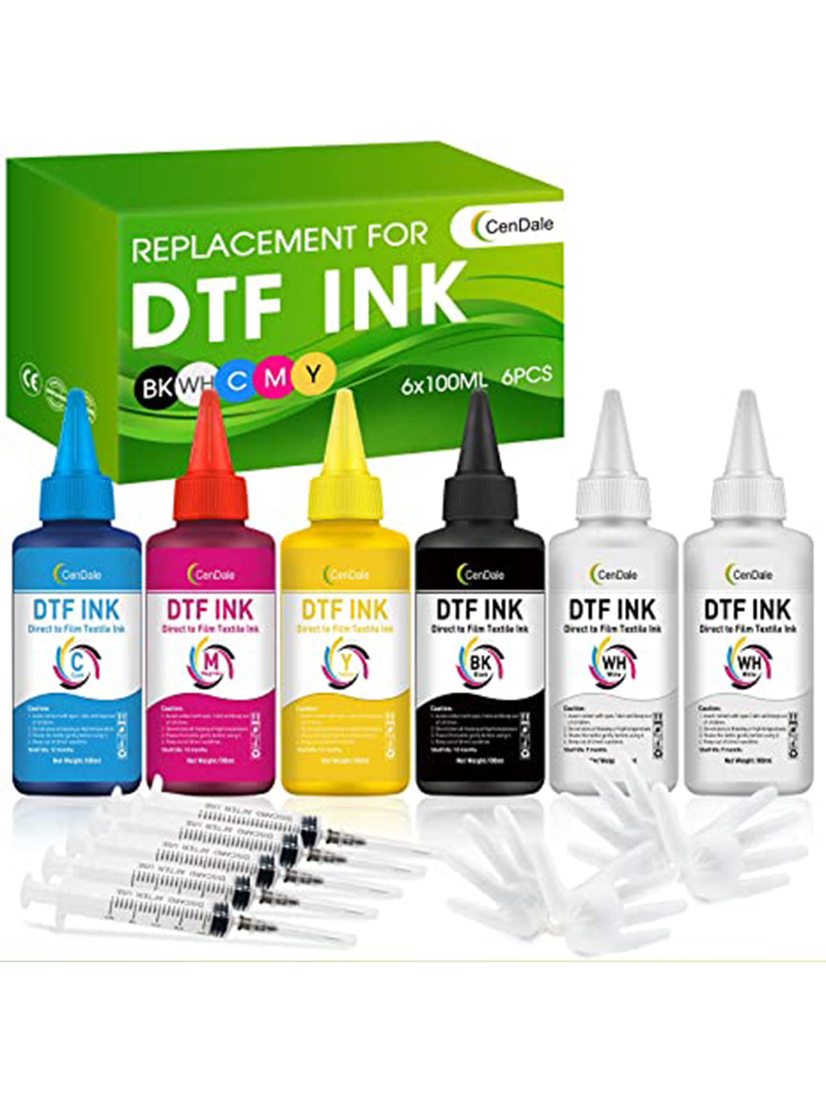 CenDale Premium DTF Ink DTF Transfer Ink Refill for DTF Printers Epson ET-8550, XP-15000, L1800, L805, R1390, R2400, Heat Transfer Printing Direct to Film (100ml x 6, CMYK Wh)