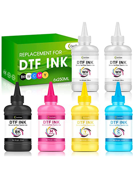 CenDale DTF Ink Premium Heat Transfer Ink for Epson ET-8550, L1800, L800, R2400, P400, P800, XP15000 - Printing Direct to Film (250ml x 6, CMYK Wh)