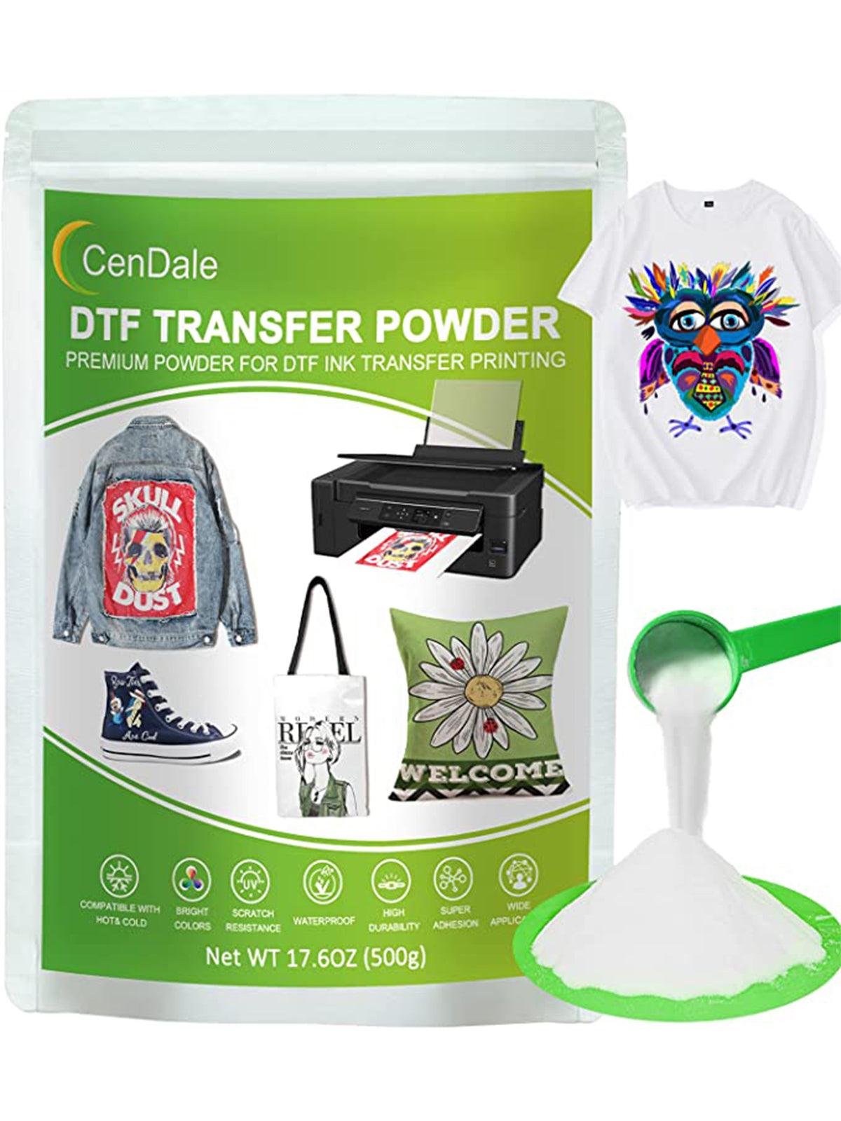 CenDale DTF Transfer Film and Powder Kit - 30 Sheets A4 DTF Film for Sublimation, 14oz White Medium DTF Powder, Direct-to-Film Transfer for Any
