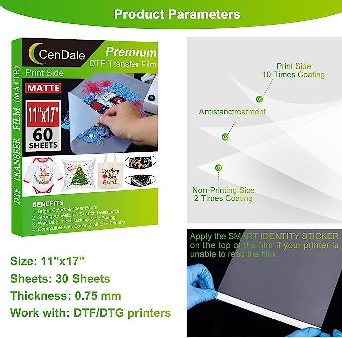 CenDale DTF Transfer Film 11"x17" - 60 Sheets Double-Sided Matte PET Heat Transfer Paper