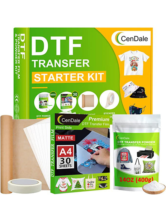 CenDale DTF Transfer Film and Powder Starter Kit for DTF & Sublimation Printer - 30 Sheets A4 Film 14oz White Medium Powder