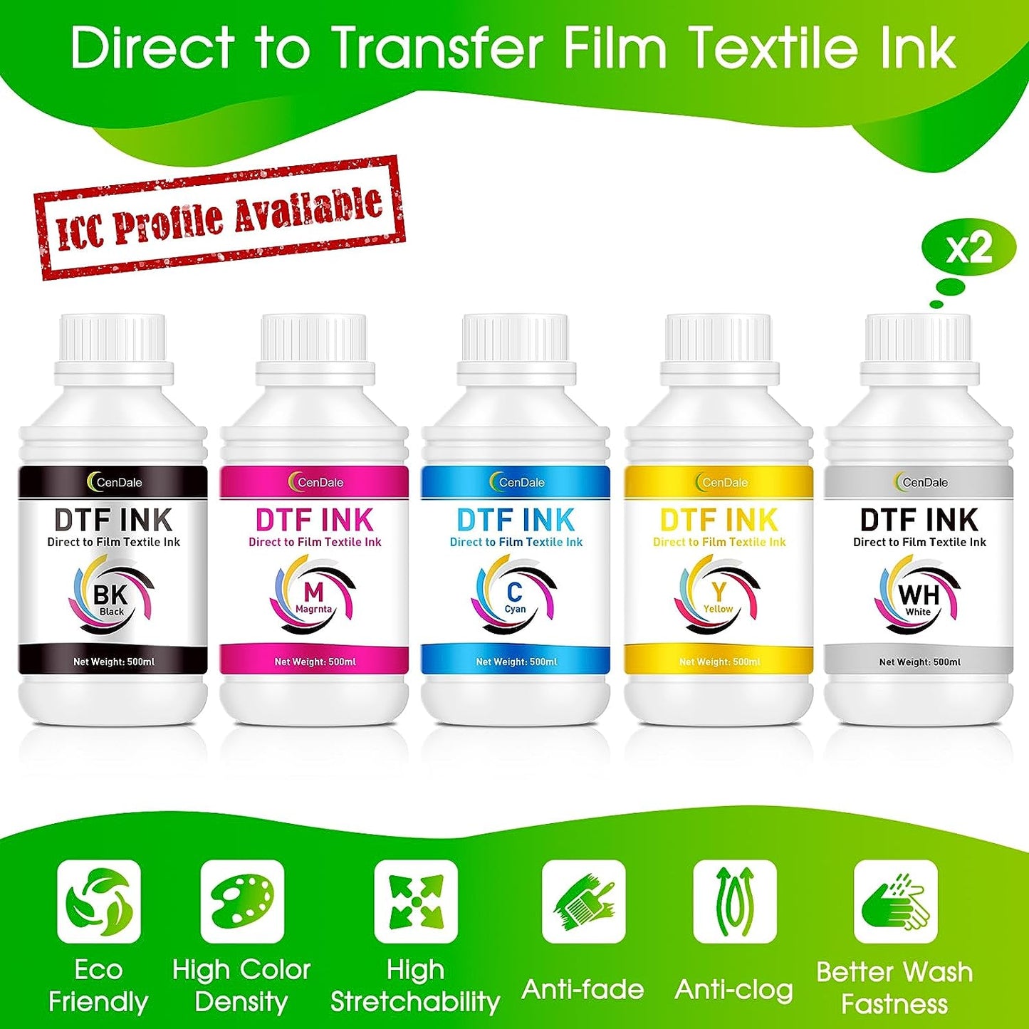 CenDale Premium DTF Ink DTF Transfer Ink Refill for DTF Printers Epson ET-8550, XP-15000, L1800, L805, R1390, R2400, Heat Transfer Printing Direct to Film (500ml x 6, CMYK Wh)