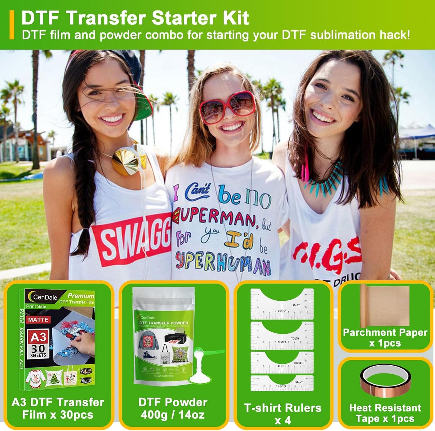 CenDale DTF Transfer Film Powder Kit for DTF & Sublimation Printer - 30 Sheets A3 DTF Film 14oz White Medium DTF Powder