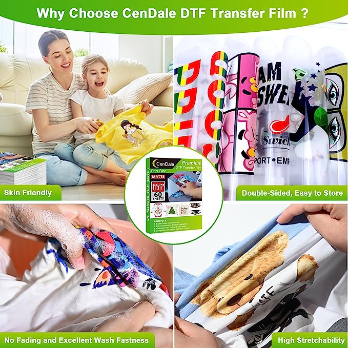 CenDale DTF Transfer Film 11"x17" - 60 Sheets Double-Sided Matte PET Heat Transfer Paper