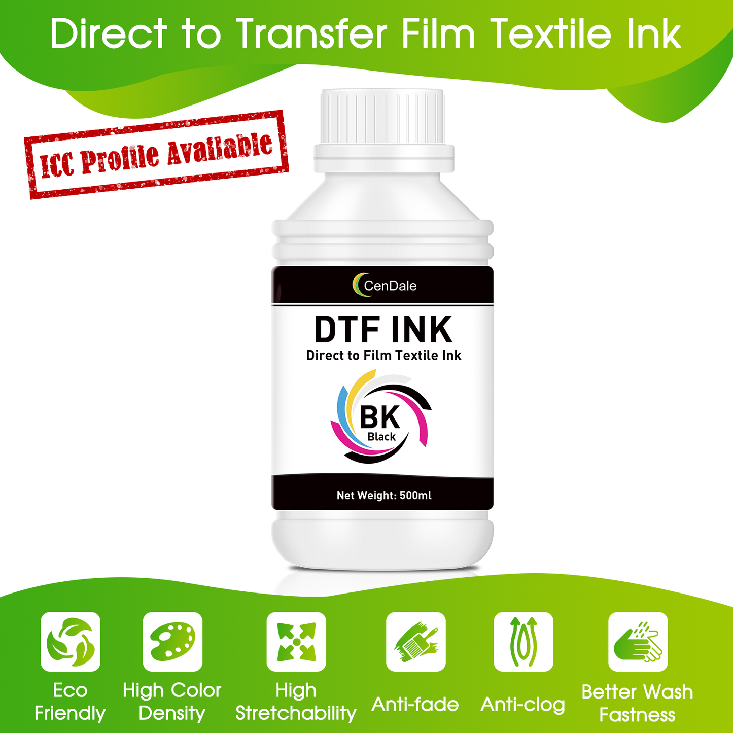 CenDale Premium DTF Black Ink - 500ML DTF Transfer Ink for PET Film, Refill DTF Ink for Epson ET-8550, ET-8500, L1800, L800, R2400, R1390, P400, P800, XP15000