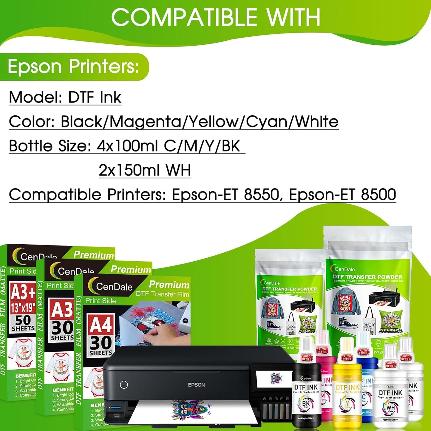 CenDale Upgraded Ecotank DTF Ink - 1500ML Auto-Fill DTF Transfer Ink for Epson ET-8550 ET-8500 Printers (250ml x 6 Wh, CMYK)