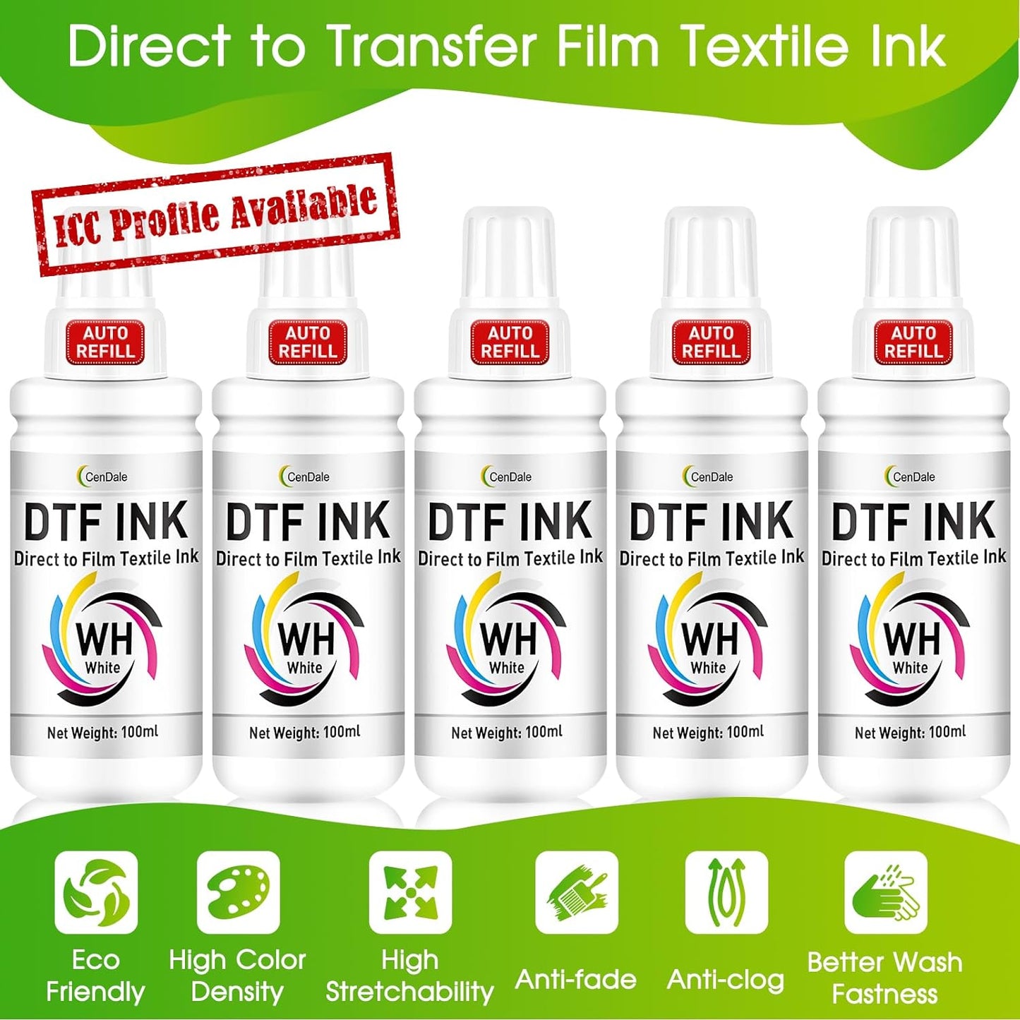 CenDale DTF Ink White 500ML - Auto-Fill DTF Transfer Ink White for DTF Printers, Epson ET-8550 ET-8500, Heat Transfer Printing White Ink 100ml x 5 (Anti-UV/ICC-Free)