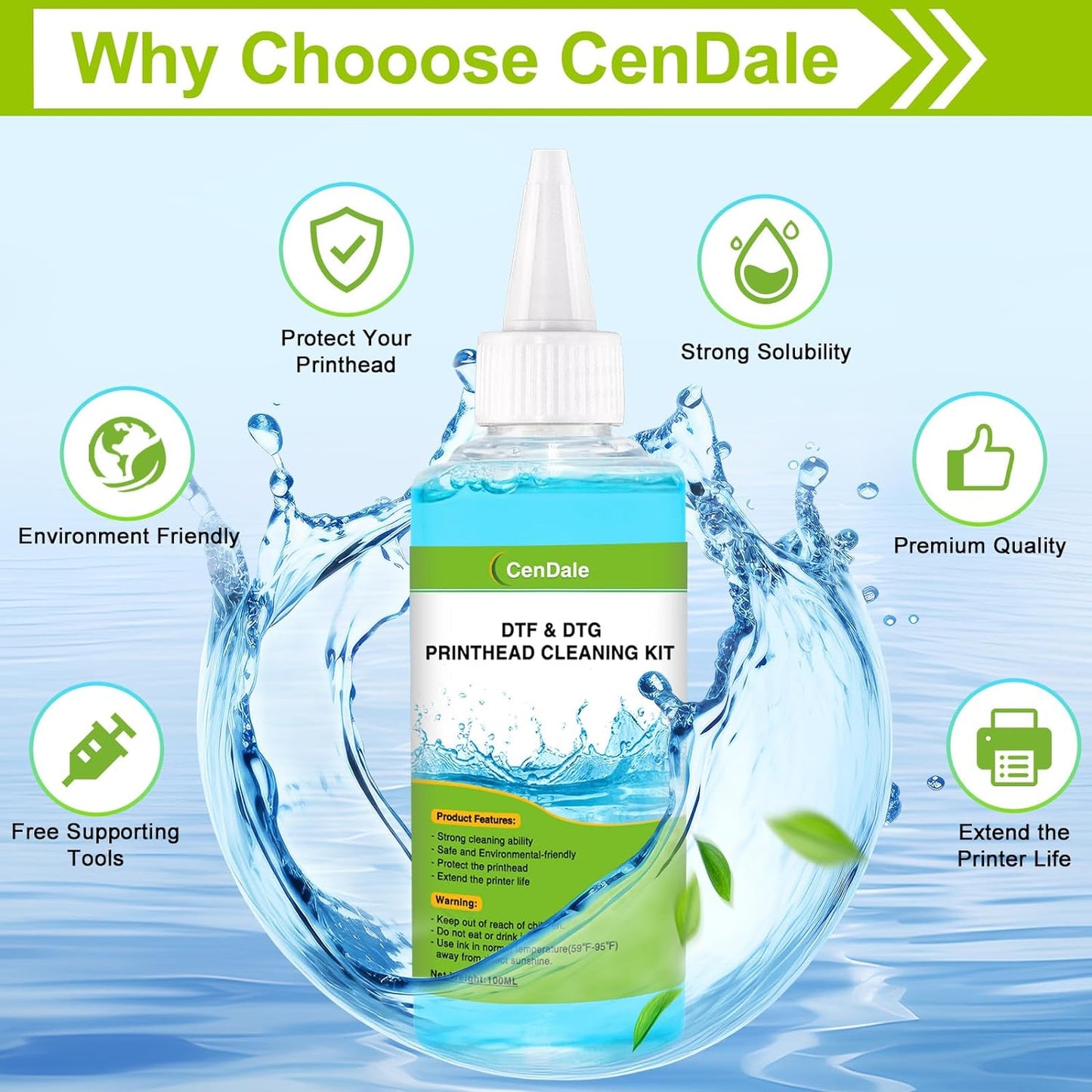 CenDale Premium DTF Printhead Cleaning Solution - Universal Printhead Cleaner Kit for DTF & DTG Printers (100ML)