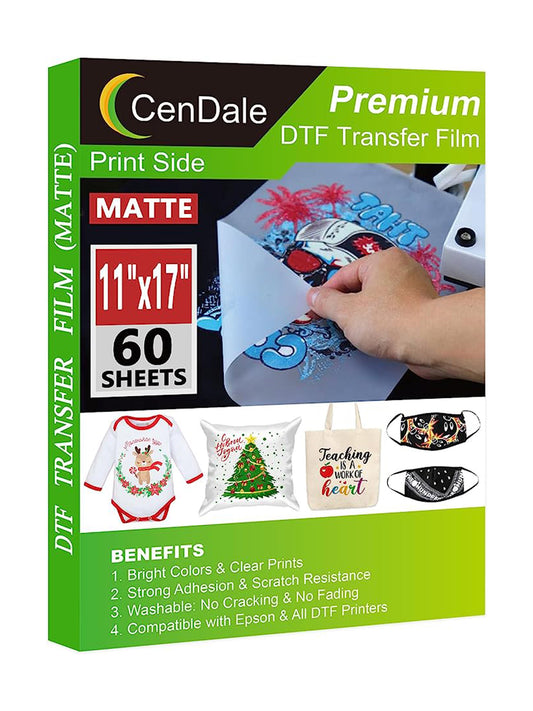 CenDale DTF Transfer Film 11"x17" - 60 Sheets Double-Sided Matte PET Heat Transfer Paper