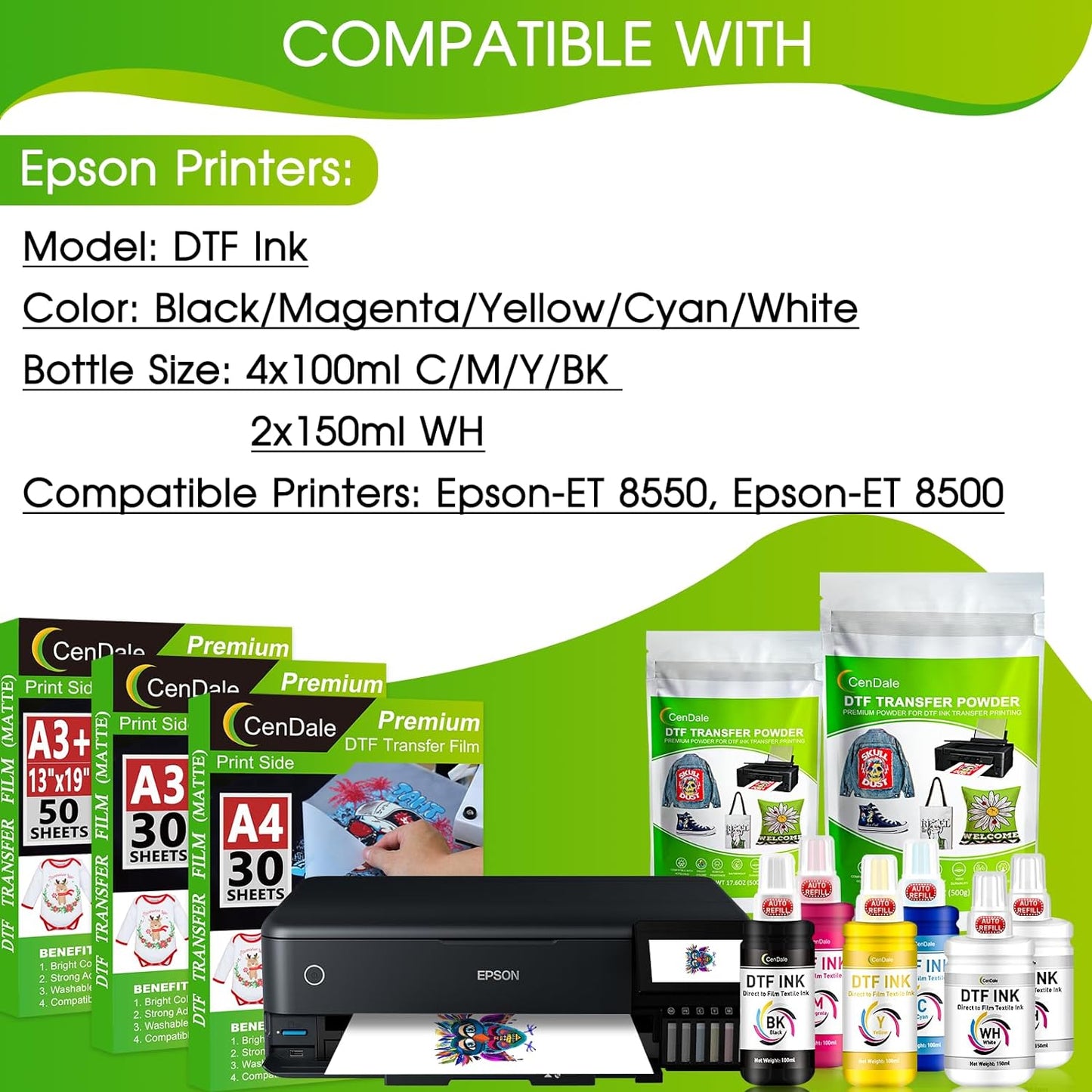 CenDale Upgraded Ecotank DTF Ink - 700ML Auto-Fill DTF Transfer Ink for Epson ET-8550 ET-8500 Printers (100ml x 4 CMYK, 150 x 2 Wh)