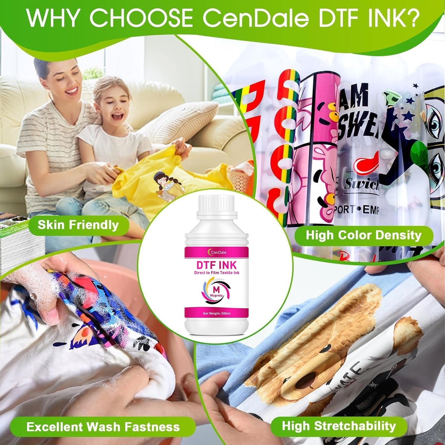 CenDale Premium DTF Magenta Ink - 500ML DTF Transfer Ink for PET Film, Refill DTF Ink for Epson ET-8550, ET-8500, L1800, L800, R2400, R1390, P400, P800, XP15000