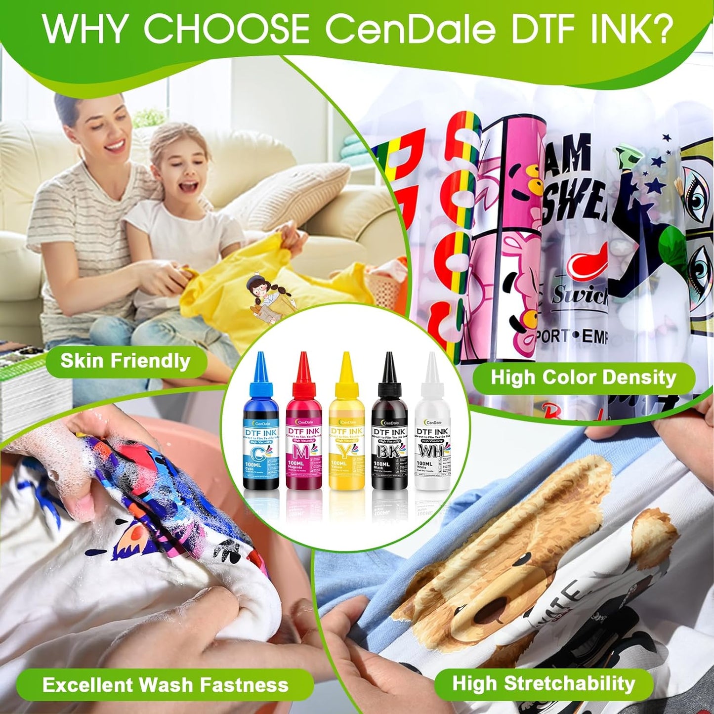 CenDale DTF Ink 600ML - Upgraded 3.0-5.0 cP Viscosity DTF Transfer Ink for DTF Film, Refilled Ink for Epson ET-8550 XP-15000 L1800 L805 R1390 R2400 1430 DTF Printers