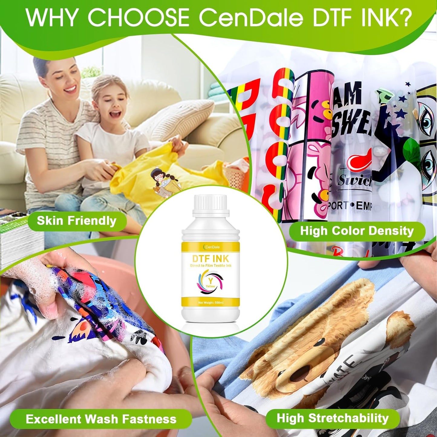 CenDale Premium DTF Yellow Ink - 500ML DTF Transfer Ink for PET Film, Refill DTF Ink for Epson ET-8550, ET-8500, L1800, L800, R2400, R1390, P400, P800, XP15000
