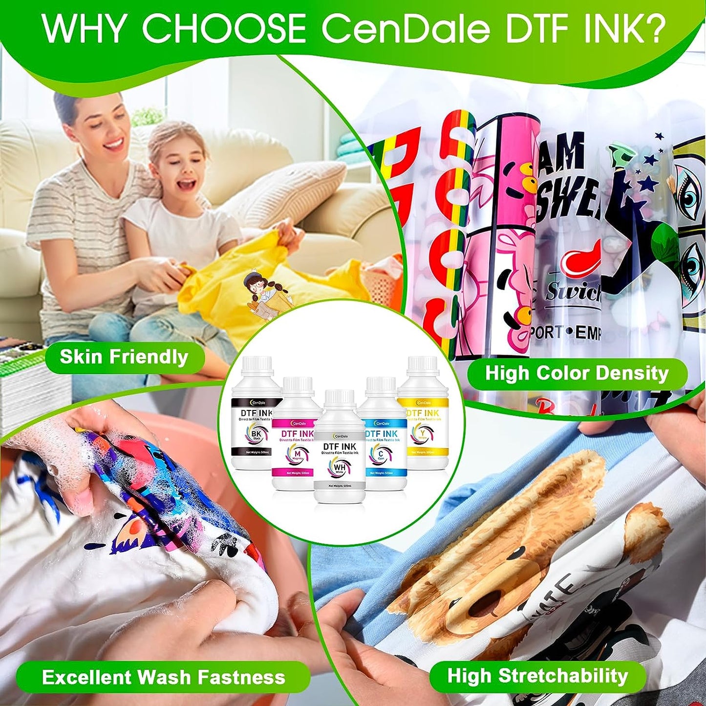 CenDale Premium DTF Ink DTF Transfer Ink Refill for DTF Printers Epson ET-8550, XP-15000, L1800, L805, R1390, R2400, Heat Transfer Printing Direct to Film (500ml x 6, CMYK Wh)