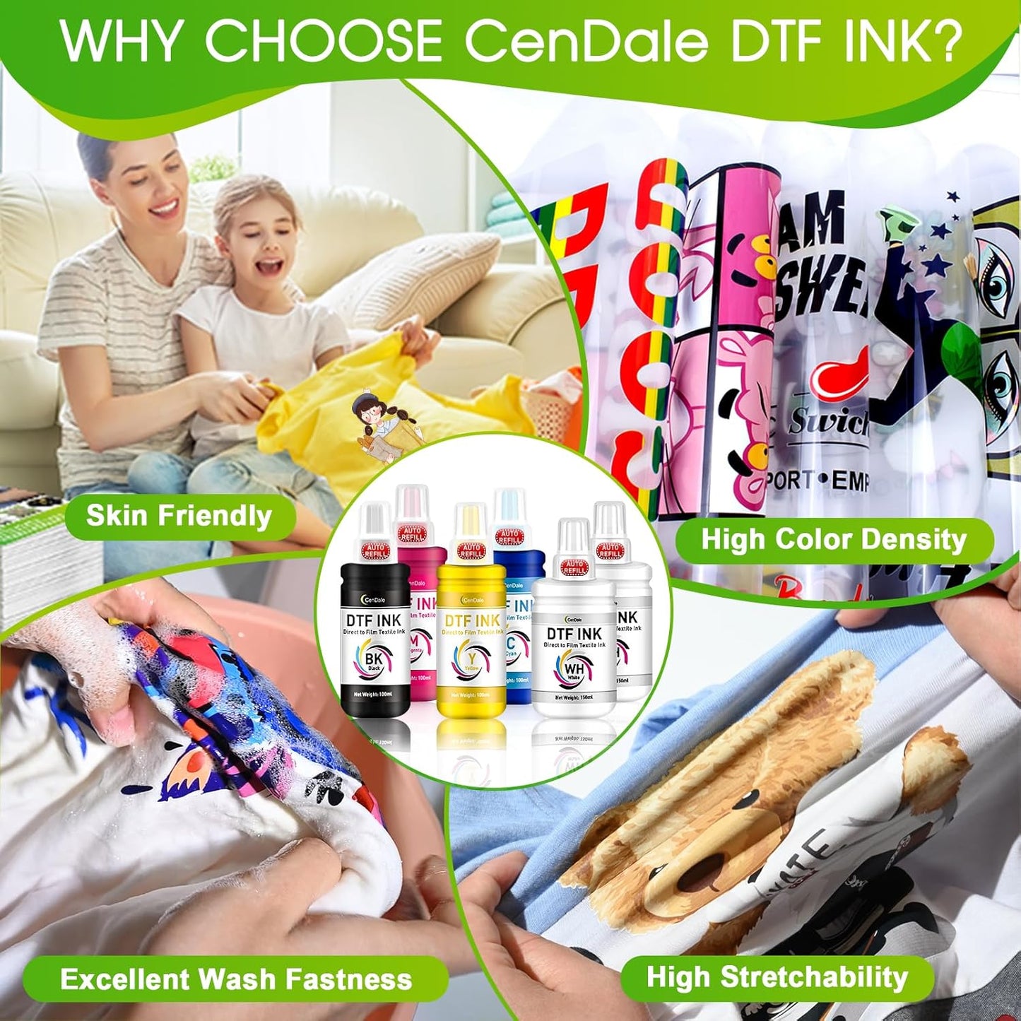 CenDale Upgraded Ecotank DTF Ink - 1500ML Auto-Fill DTF Transfer Ink for Epson ET-8550 ET-8500 Printers (250ml x 6 Wh, CMYK)