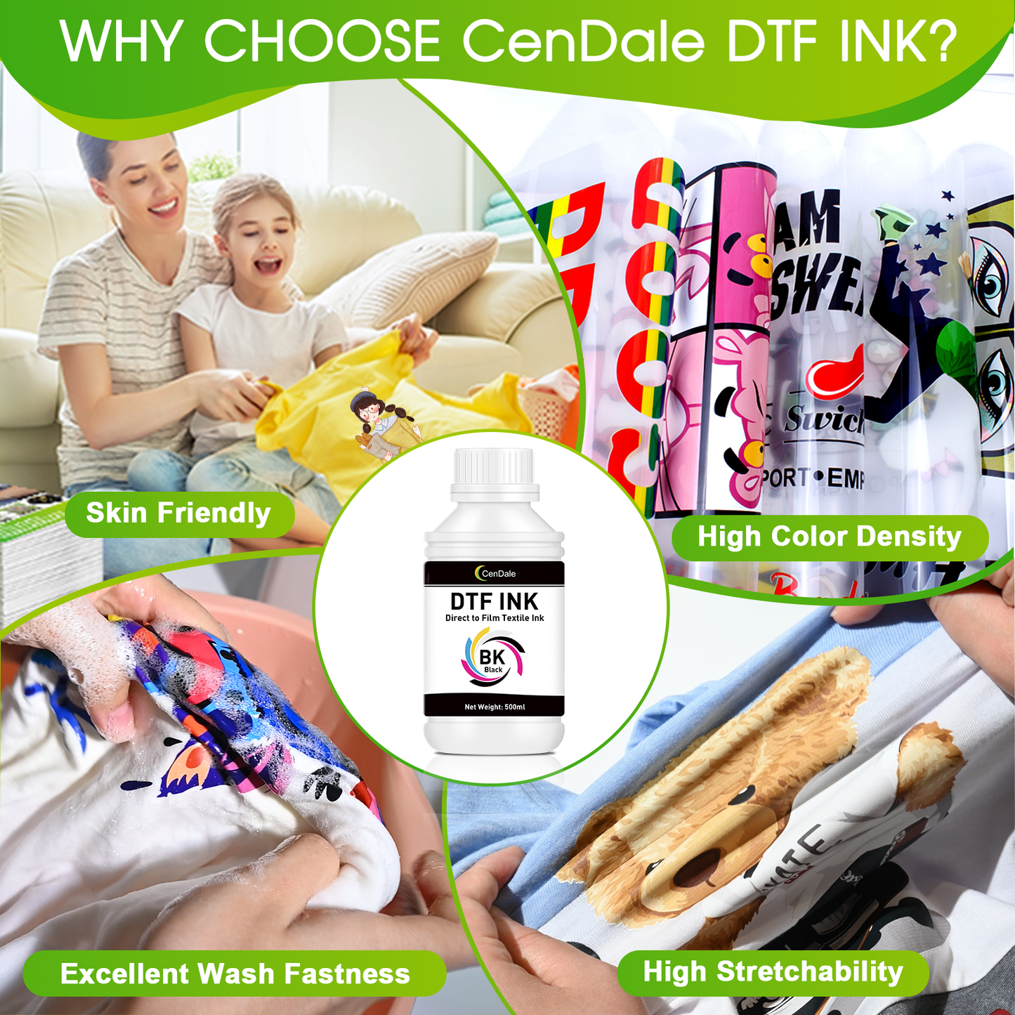 CenDale Premium DTF Black Ink - 500ML DTF Transfer Ink for PET Film, Refill DTF Ink for Epson ET-8550, ET-8500, L1800, L800, R2400, R1390, P400, P800, XP15000
