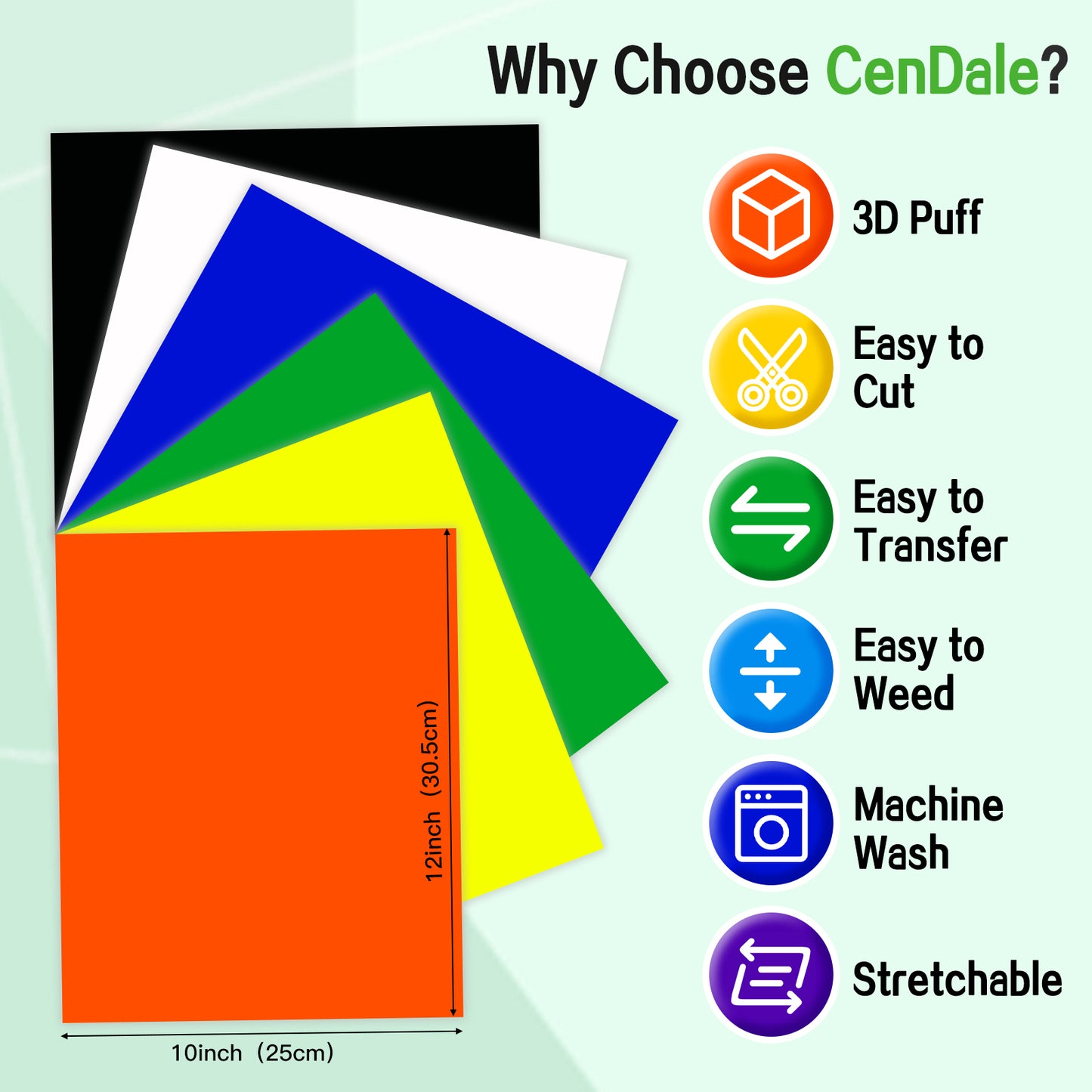 CenDale 3D Puff Heat Transfer Vinyl - 6 Colors Puff Vinyl Sheets 12''x 10''