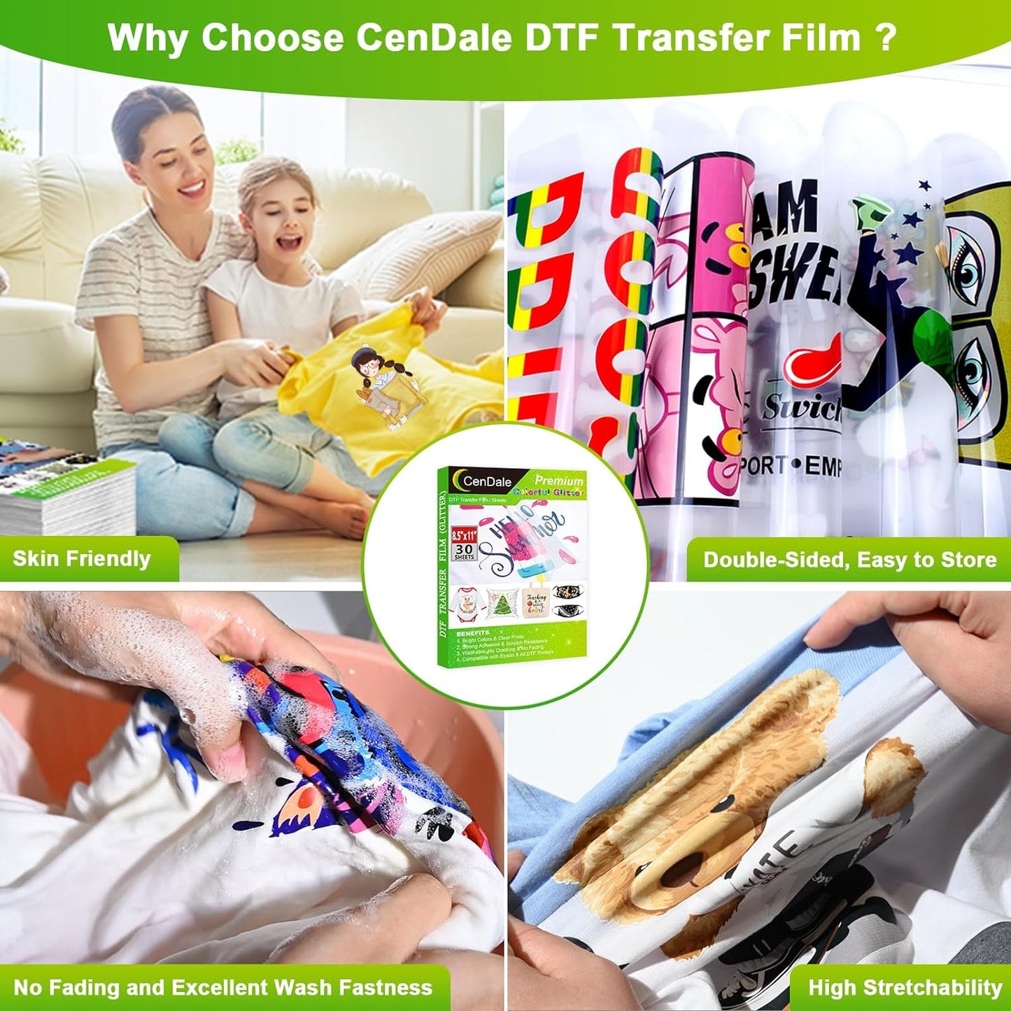 CenDale Glitter DTF Transfer Film - 8.5"x11" 30 Sheets Colorful Glitter DTF Film for Sublimation Hack, Direct to Film Printing