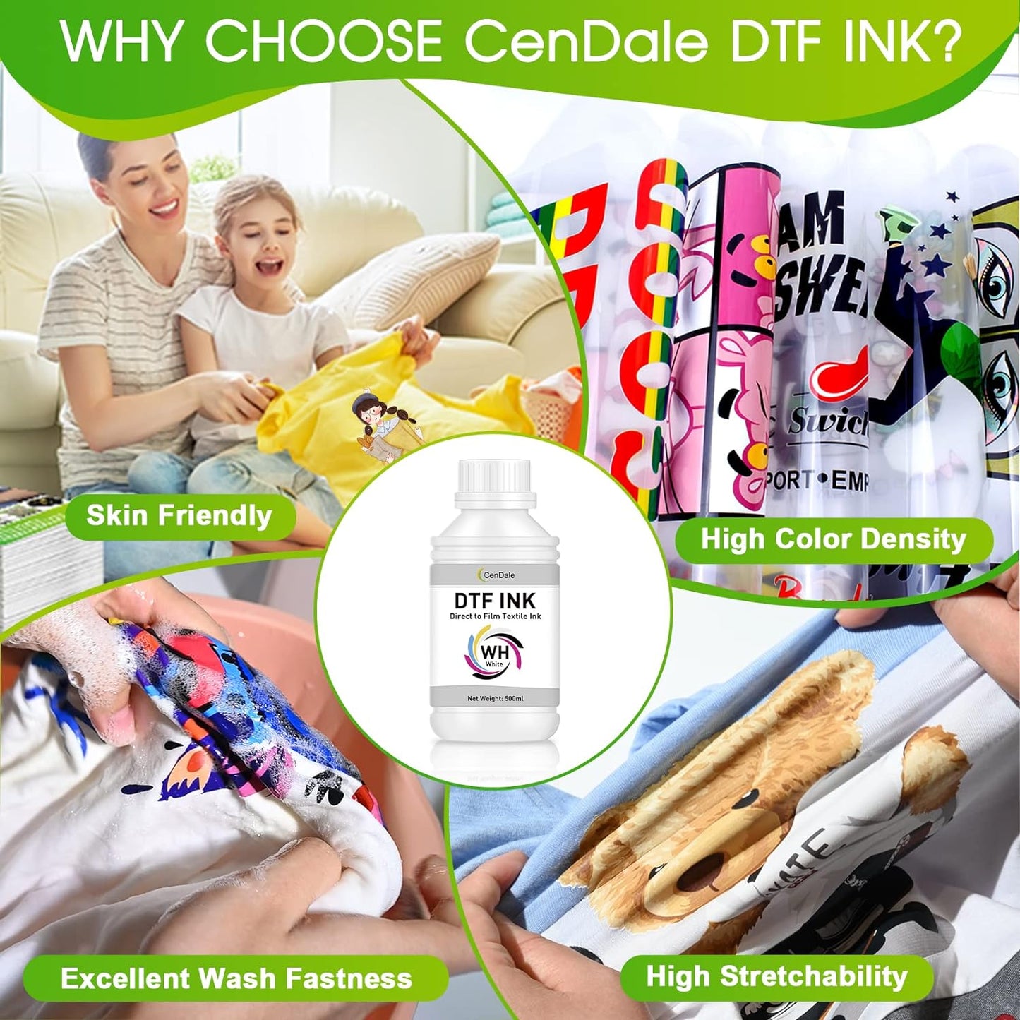CenDale Premium DTF White Ink DTF Transfer Ink Refill for Epson ET-8550, L1800, L800, R2400, P400, P800, XP15000, Heat Transfer Printing Direct to Film (1000ml)
