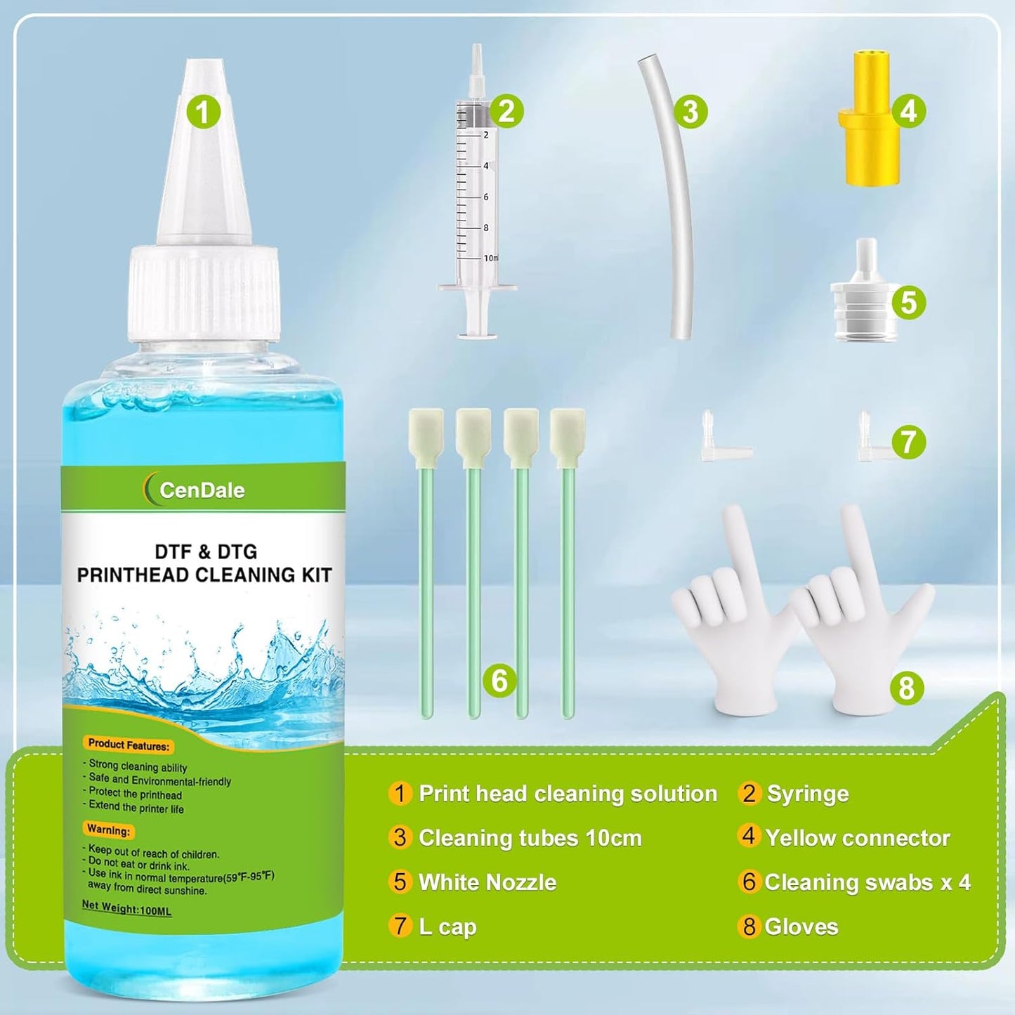 CenDale Premium DTF Printhead Cleaning Solution - Universal Printhead Cleaner Kit for DTF & DTG Printers (100ML)