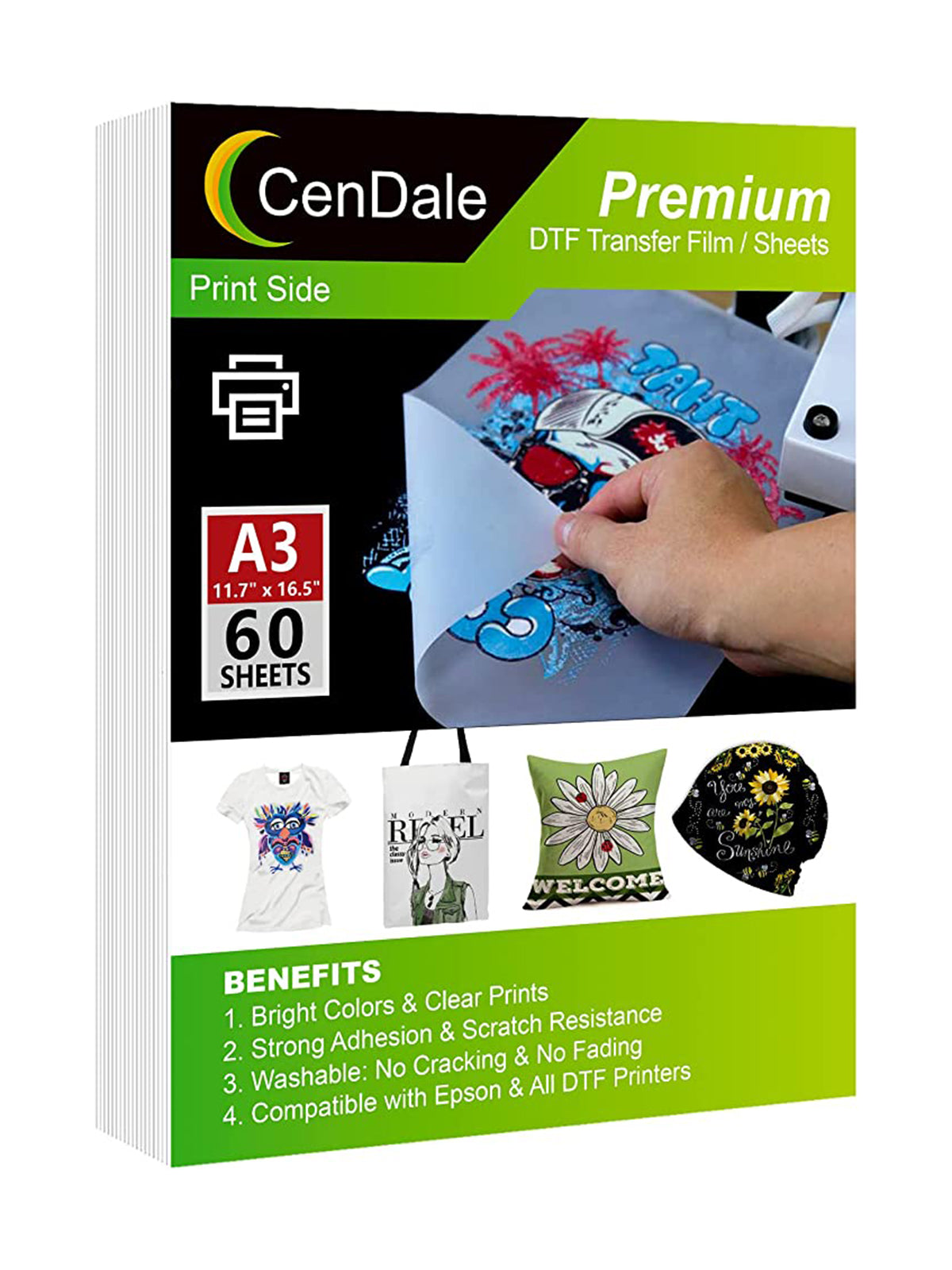 CenDale DTF Transfer Film A3 (11.7" x 16.5") - 60 Sheets Double-Sided Matte PreTreat Sheets PET Heat Transfer Paper