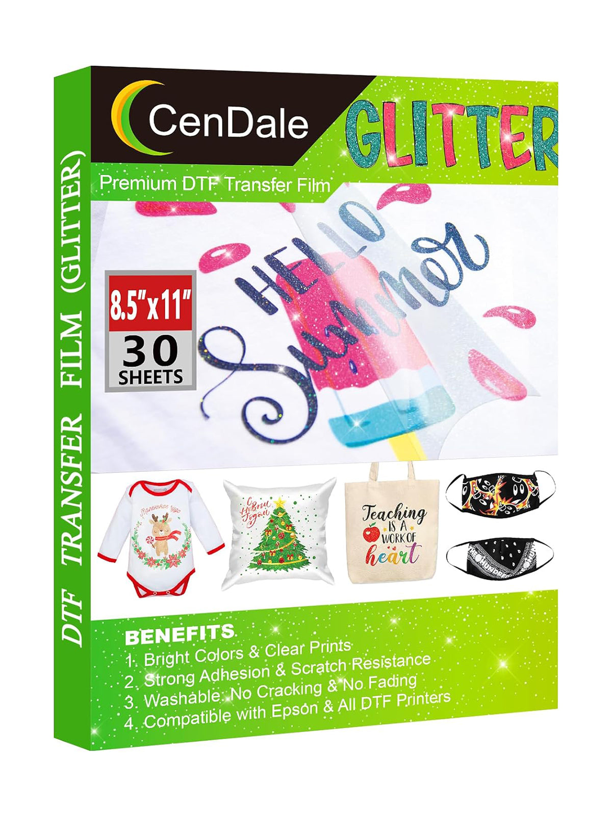 CenDale Glitter DTF Transfer Film - 8.5"x11" 30 Sheets Colorful Glitter DTF Film for Sublimation Hack, Direct to Film Printing