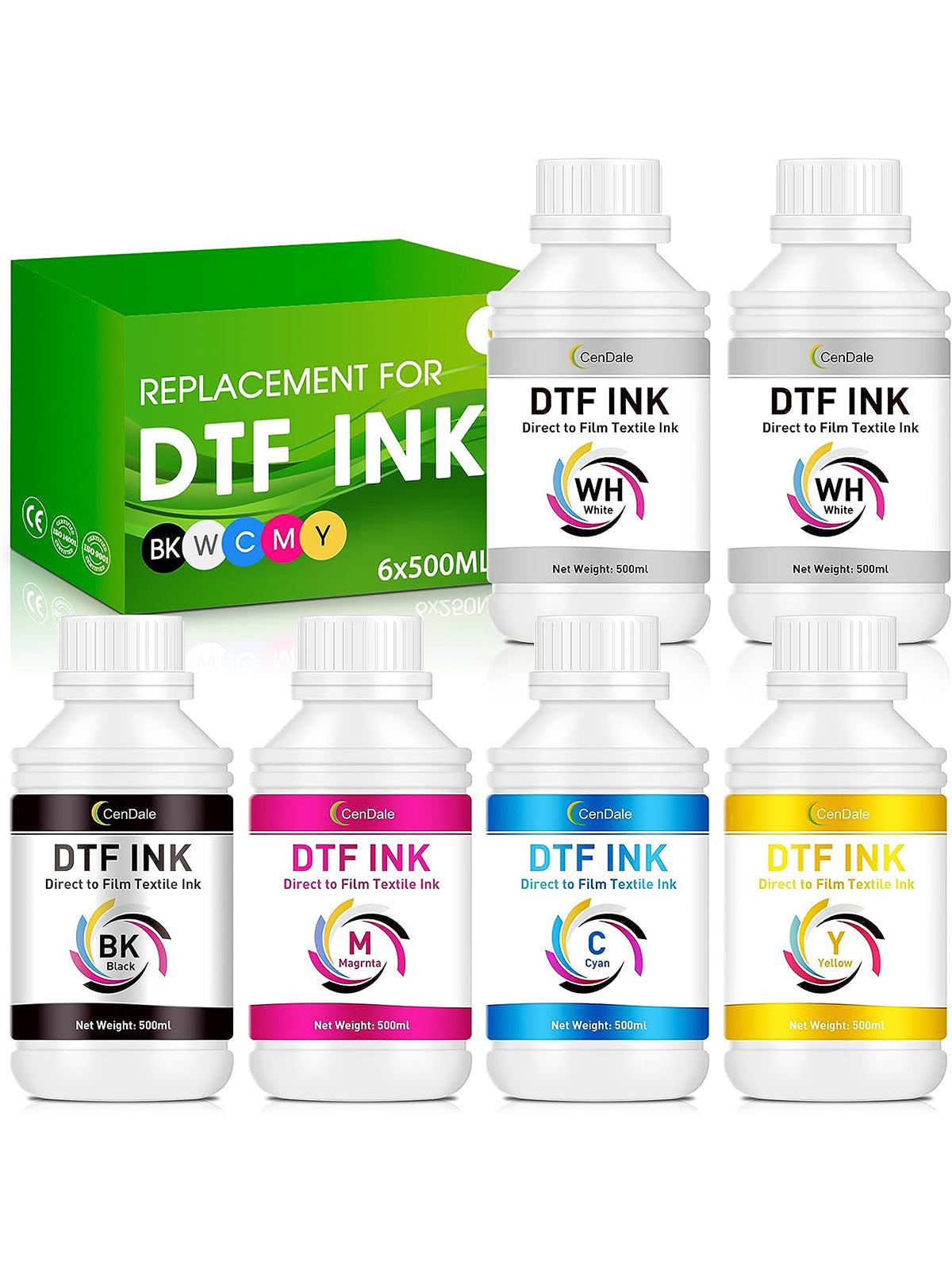 CenDale Premium DTF Ink DTF Transfer Ink Refill for DTF Printers Epson ET-8550, XP-15000, L1800, L805, R1390, R2400, Heat Transfer Printing Direct to Film (500ml x 6, CMYK Wh)