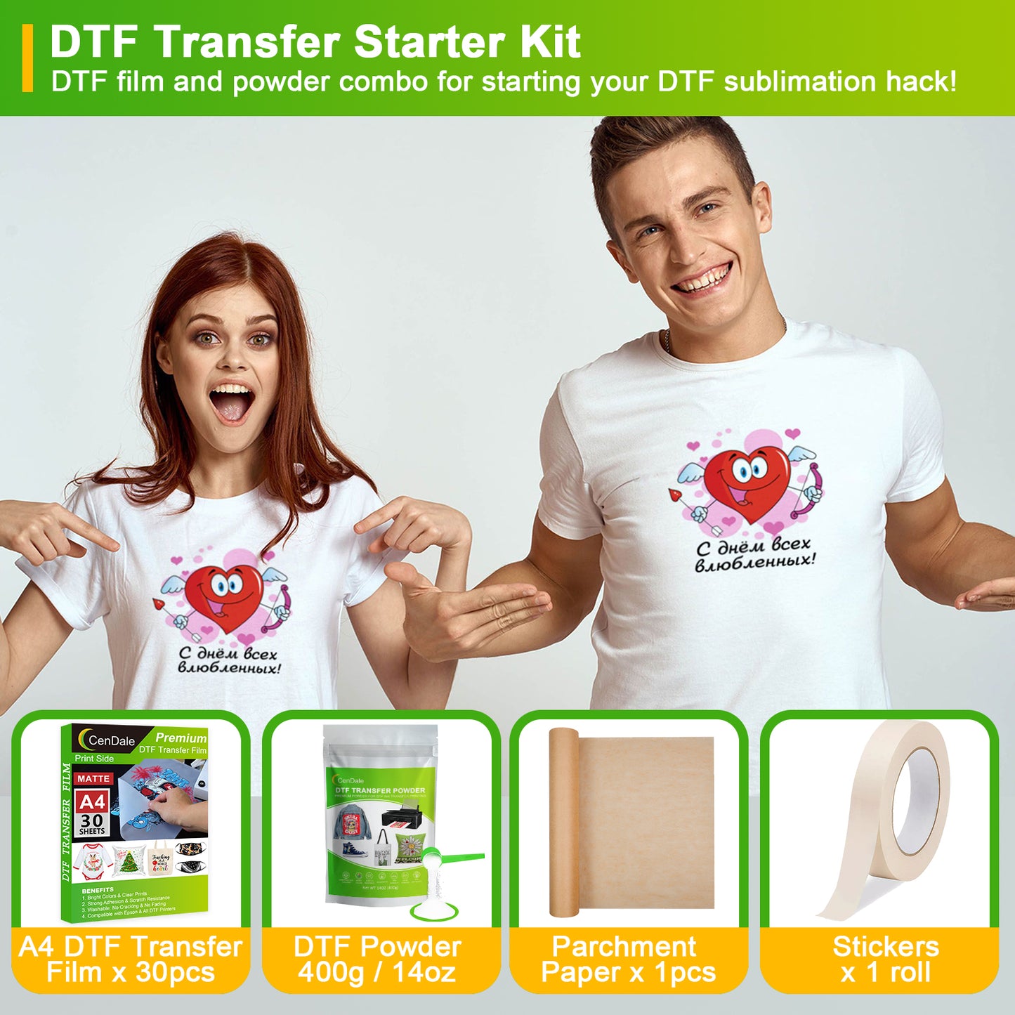 CenDale DTF Transfer Film and Powder Starter Kit for DTF & Sublimation Printer - 30 Sheets A4 Film 14oz White Medium Powder
