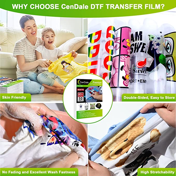 CenDale DTF Transfer Film A3 (11.7" x 16.5") - 60 Sheets Double-Sided Matte PreTreat Sheets PET Heat Transfer Paper