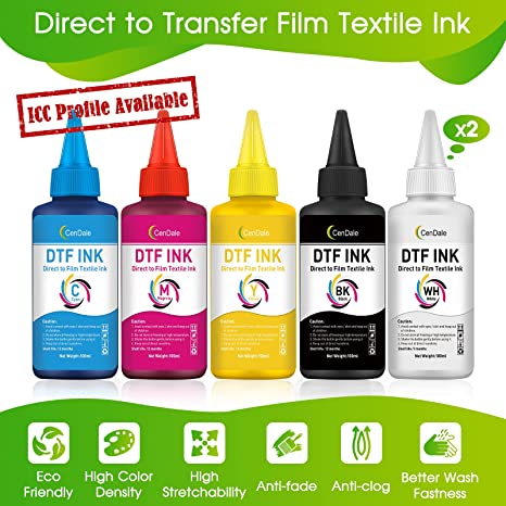 CenDale Premium DTF Ink DTF Transfer Ink Refill for DTF Printers Epson ET-8550, XP-15000, L1800, L805, R1390, R2400, Heat Transfer Printing Direct to Film (100ml x 6, CMYK Wh)