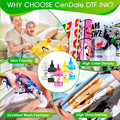 CenDale DTF Ink Premium Heat Transfer Ink for Epson ET-8550, L1800, L800, R2400, P400, P800, XP15000 - Printing Direct to Film (250ml x 6, CMYK Wh)