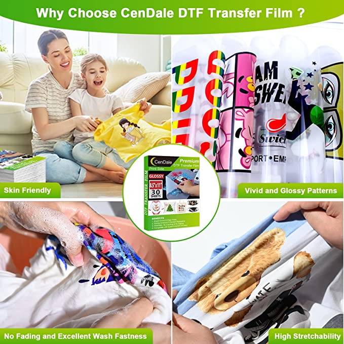CenDale Premium DTF Transfer Film 8.5"x11" - 30 Sheets Single-Sided Glossy Clear PreTreat Sheets PET Heat Transfer Paper
