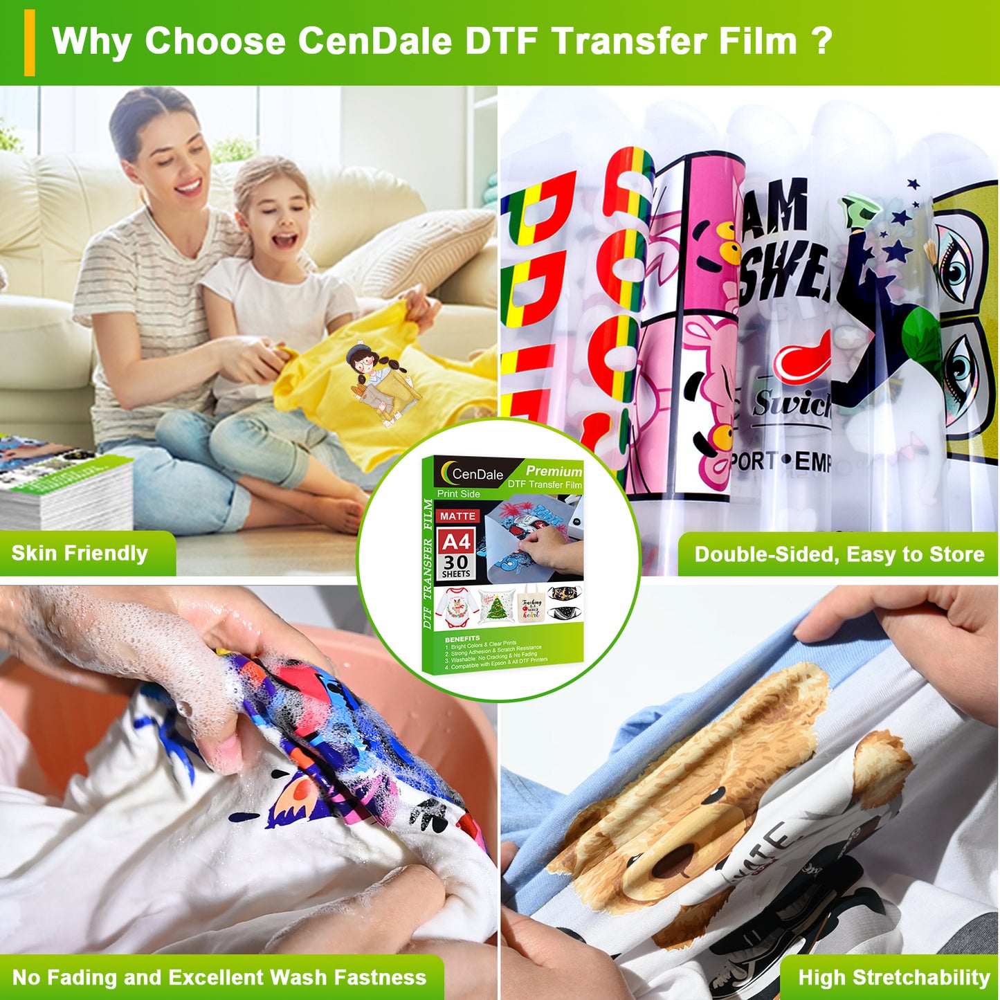 CenDale DTF Transfer Film and Powder Starter Kit for DTF & Sublimation Printer - 30 Sheets A4 Film 14oz White Medium Powder
