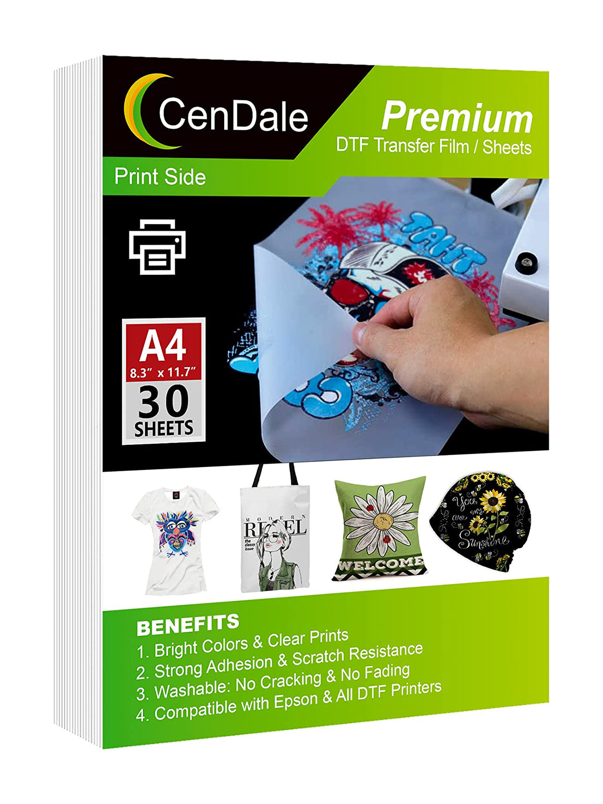 CenDale DTF Transfer Film A4 (8.3" x 11.7") - 30 Sheets Double-Sided Matte PreTreat Sheets PET Heat Transfer Paper