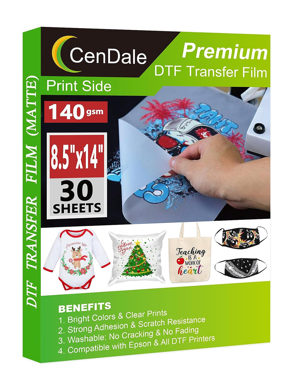 CenDale DTF Transfer Film 8.5"x14" - 30 Sheets Premium Thick Double Sided 140gsm Matte DTF Heat Transfer Film