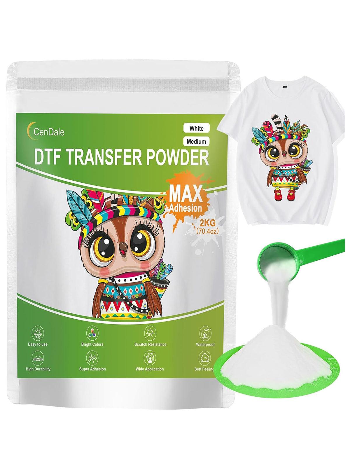 CenDale DTF Powder 2000g - White Max Adhesion DTF Transfer Powder