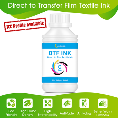 CenDale Premium DTF Cyan Ink - 500ML DTF Transfer Ink for PET Film, Refill DTF Ink for Epson ET-8550, ET-8500, L1800, L800, R2400, R1390, P400, P800, XP15000