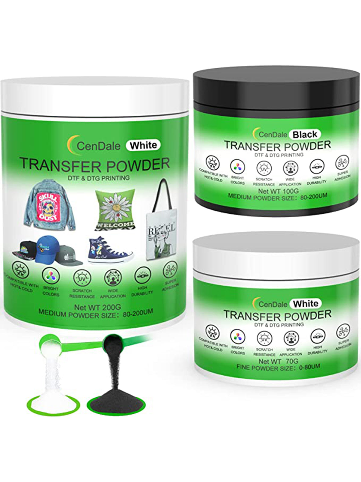 CenDale DTF Powder Kit - Fine Medium White Black DTF Powder