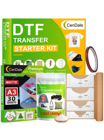 CenDale DTF Transfer Film Powder Kit for DTF & Sublimation Printer - 30 Sheets A3 DTF Film 14oz White Medium DTF Powder