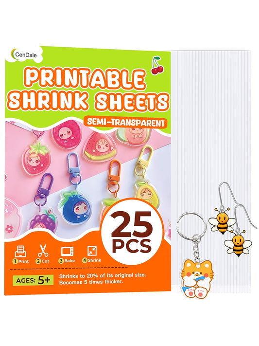 Printable Shrink Plastics Sheets - 25PCS A4 Heat Shrink Films Paper for Inkjet Printer, Printable Shrinky Dink Sheets for Crafts (8.3 x 11.7 inch, Semitransparent)