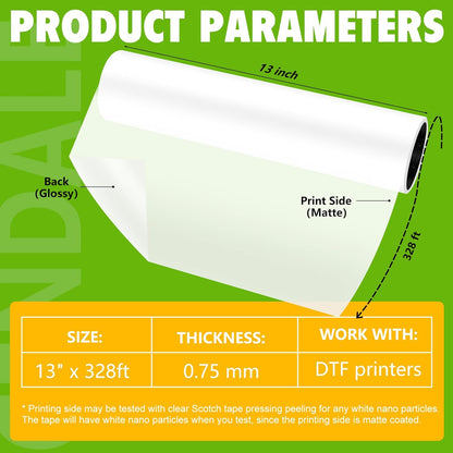 CenDale DTF Transfer Film Roll 13" x 328ft - Premium A3+ DTF Film Roll