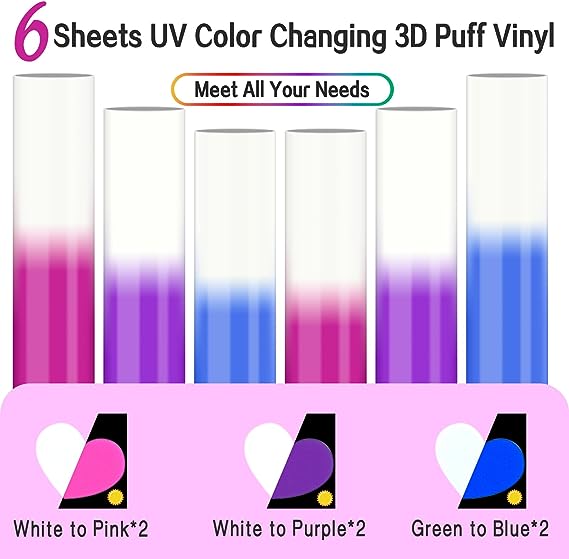 CenDale UV Color Changing 3D Puff Vinyl Heat Transfer - 6PCS Puff Vinyl Sheets 12''x 10''