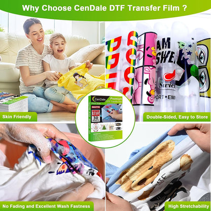 CenDale DTF Transfer Film 8.5"x14" - 30 Sheets Premium Thick Double Sided 140gsm Matte DTF Heat Transfer Film