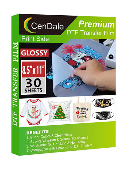 CenDale Premium DTF Transfer Film 8.5"x11" - 30 Sheets Single-Sided Glossy Clear PreTreat Sheets PET Heat Transfer Paper