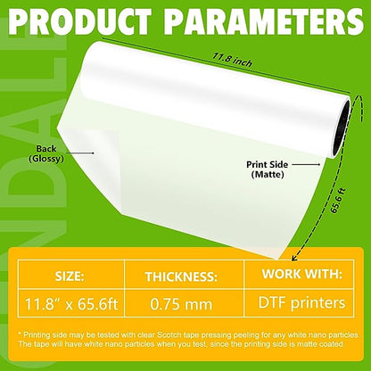 CenDale DTF Transfer Film Roll 11.8" x 65.6ft - Premium A3 DTF Film Roll