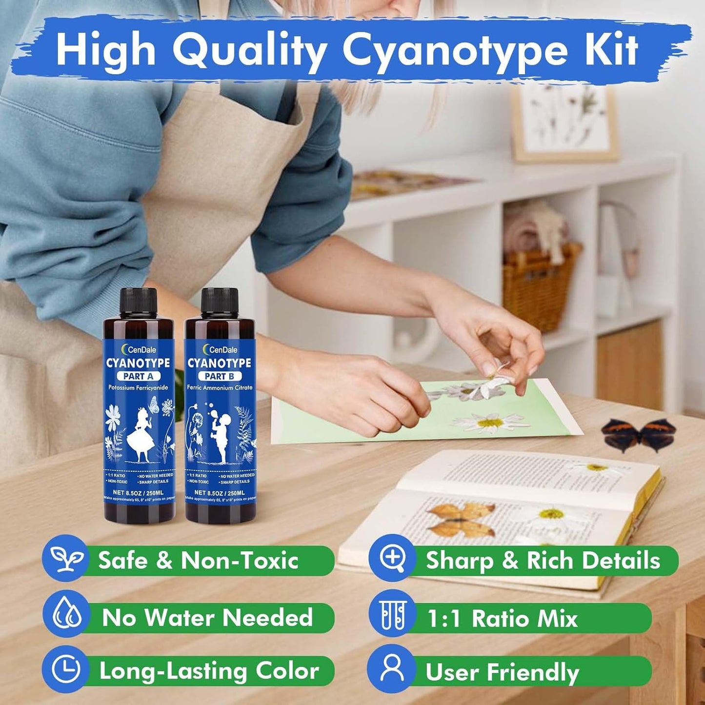 CenDale Cyanotype Kit - 17 OZ Cyanotype Solution Sensitizer Set for Sun Printing on Paper & Fabric