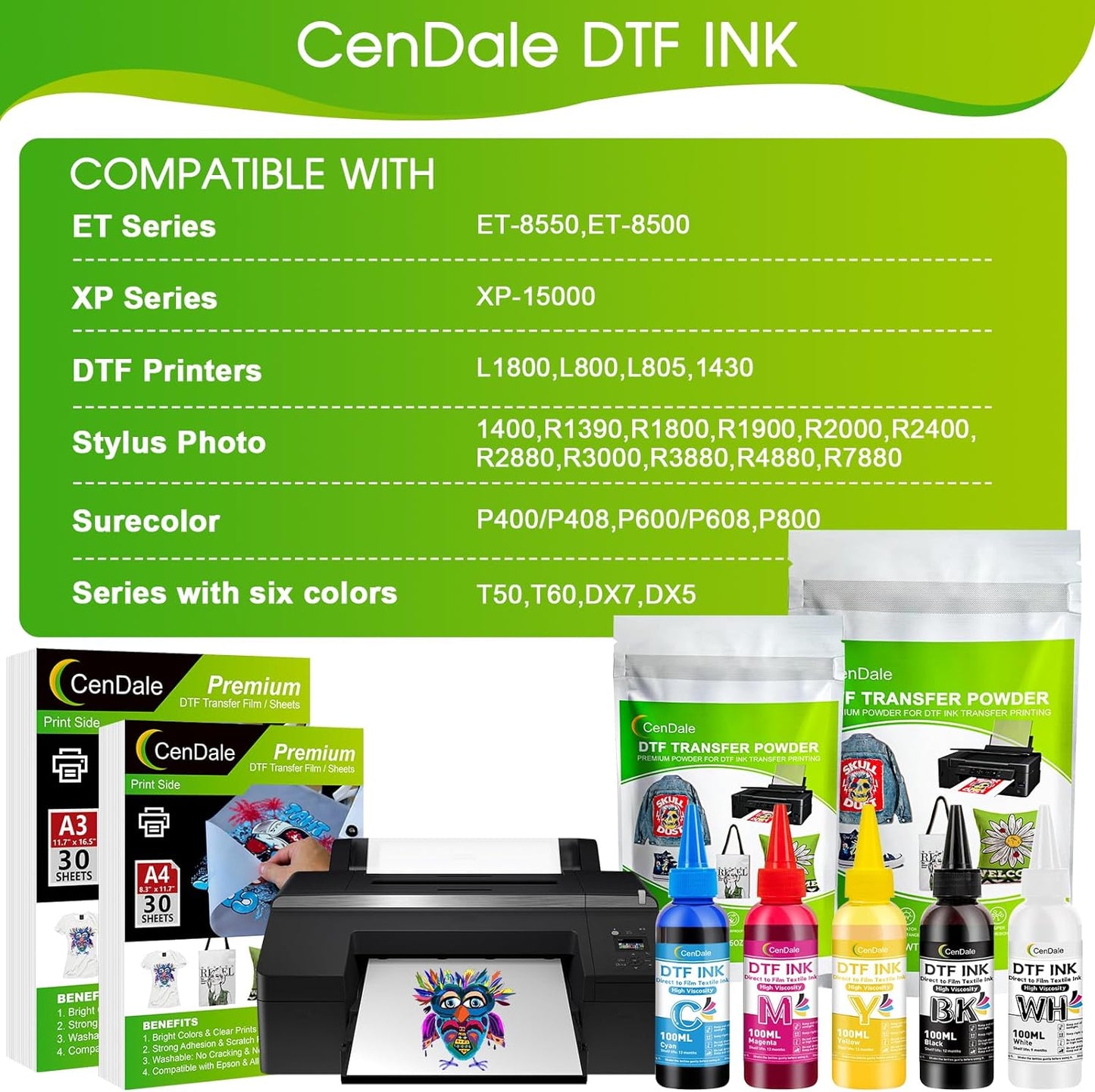 CenDale DTF Ink 600ML - Upgraded 3.0-5.0 cP Viscosity DTF Transfer Ink for DTF Film, Refilled Ink for Epson ET-8550 XP-15000 L1800 L805 R1390 R2400 1430 DTF Printers