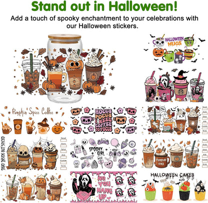 CenDale UV DTF Cup Wrap - 12 Sheets Halloween UV DTF Transfer Cup Stickers Decals Waterproof (Coffee)