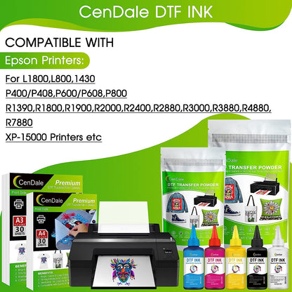 CenDale Premium DTF Ink DTF Transfer Ink Refill for DTF Printers Epson ET-8550, XP-15000, L1800, L805, R1390, R2400, Heat Transfer Printing Direct to Film (500ml x 6, CMYK Wh)